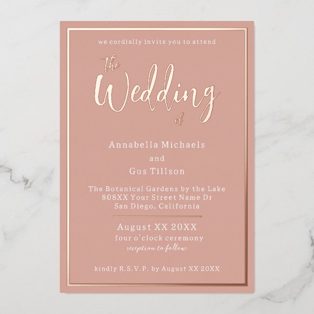 Elegant Rose Gold Foil on Peach Wedding Foil Invitation (Front)