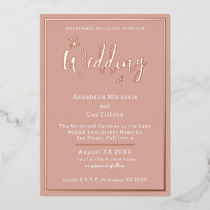 Elegant Rose Gold Foil on Peach Wedding Invitation