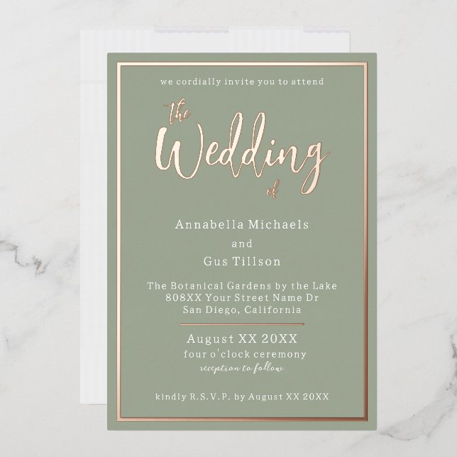 Elegant Rose Gold Foil on Sage Green Wedding Foil Invitation (Envelope)