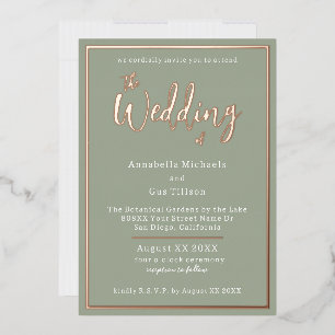 Elegant Rose Gold Foil on Sage Green Wedding Invitation