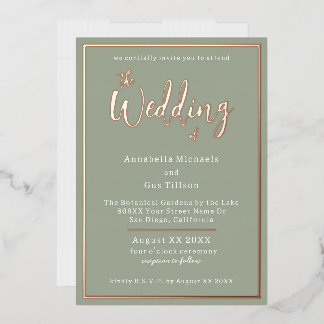 Elegant Rose Gold Foil on Sage Green Wedding Invitation