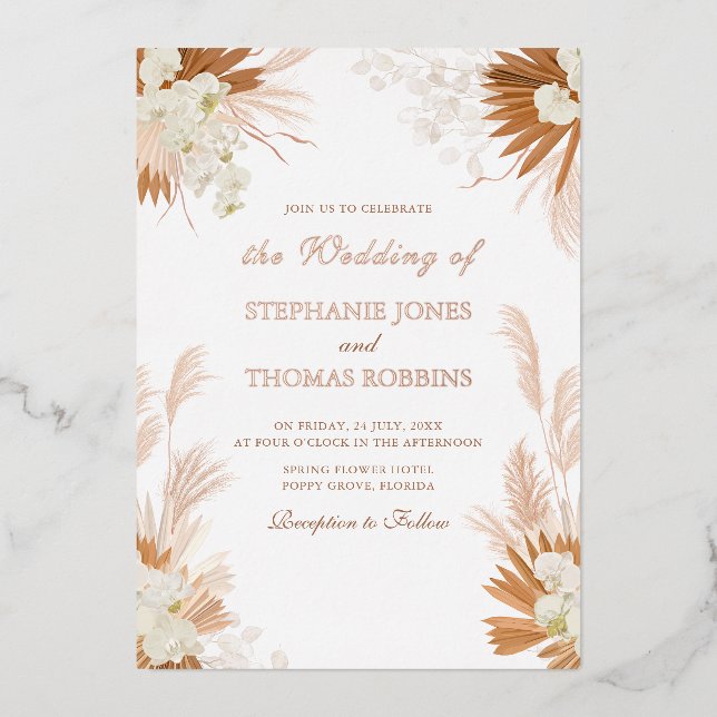 Elegant Rose Gold Foil Pampas Grass Wedding Foil Invitation (Front)