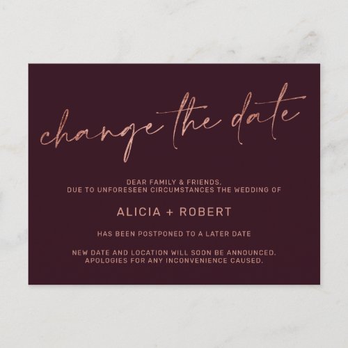 Elegant rose gold foil red wedding change the date announcement postcard