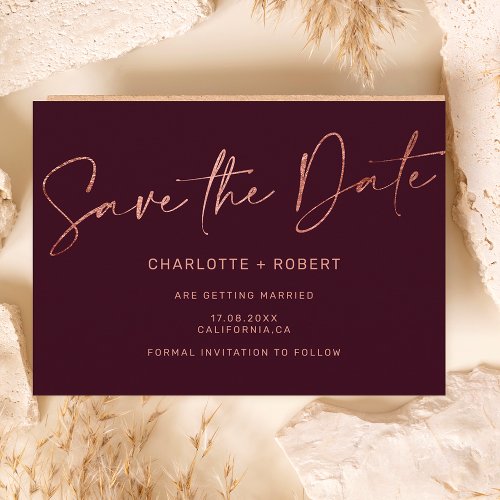 Elegant rose gold foil red wedding save the date announcement postcard