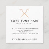 Elegant rose gold foil scissors hair stylist salon square business card (Back)