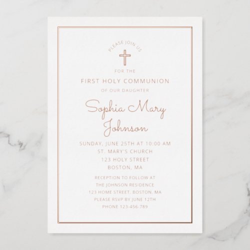 Elegant Rose Gold Foil Script First Communion Foil Invitation