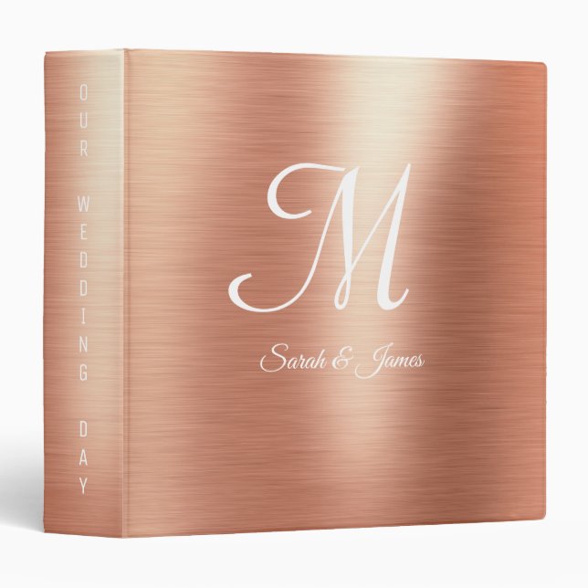 Elegant Rose Gold Foil Script Monogram Wedding  3 Ring Binder (Front/Spine)