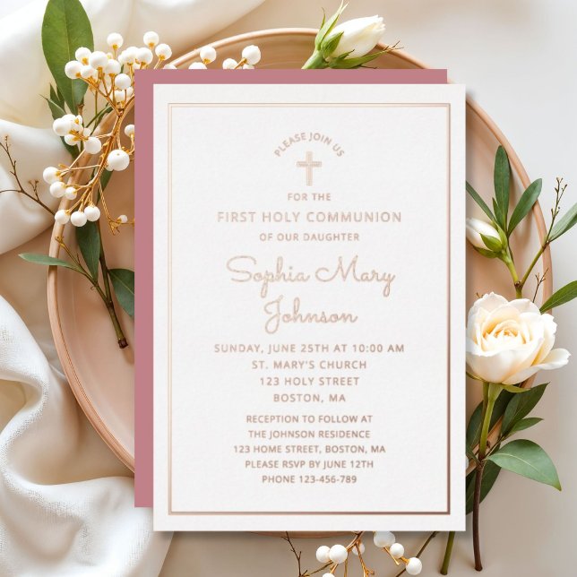 Elegant Rose Gold Foil Script Pink First Communion Invitation (Elegant Rose Gold Foil Script Pink First Communion Foil Invitation)