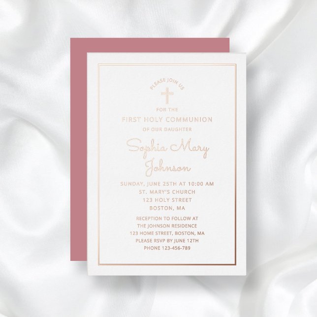 Elegant Rose Gold Foil Script Pink First Communion Invitation (Elegant Rose Gold Foil Script Pink First Communion Foil Invitation)