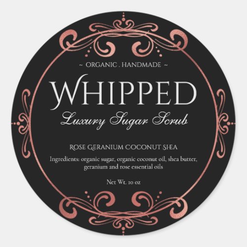 Elegant Rose Gold Foil Swirl Luxury Black Product Classic Round Sticker