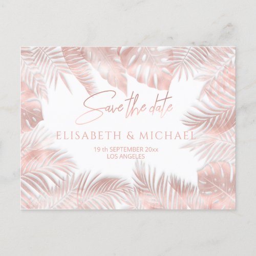 Elegant rose gold foil  tropical leaves romantic announcement postcard