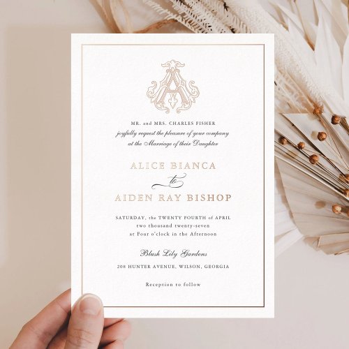 Elegant Rose Gold Foil Vintage Monogram AA Wedding Foil Invitation