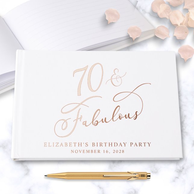 Elegant Rose Gold Foil White 70th Birthday Party Foil Guest Book (Creator Uploaded)