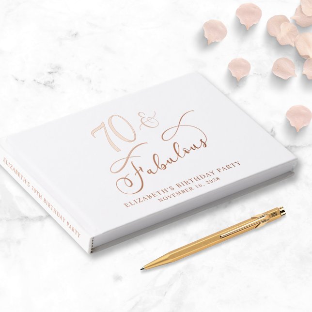 Elegant Rose Gold Foil White 70th Birthday Party Foil Guest Book (Creator Uploaded)