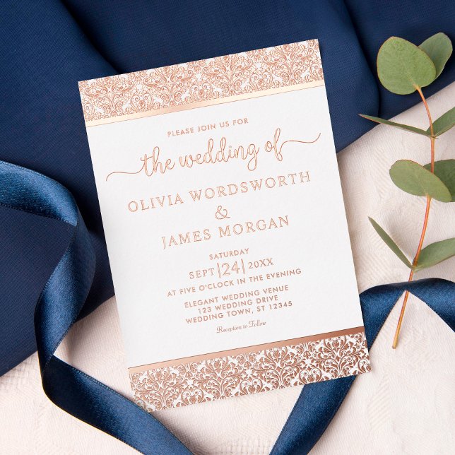 Elegant Rose Gold Foil White Damask Wedding Invitation (Creator Uploaded)
