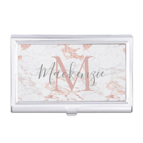 Elegant Rose Gold Foil White Marble Monogram Business Card Case