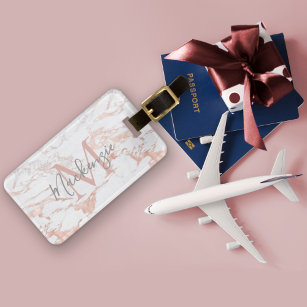 Elegant Rose Gold Foil   White Marble   Monogram Luggage Tag