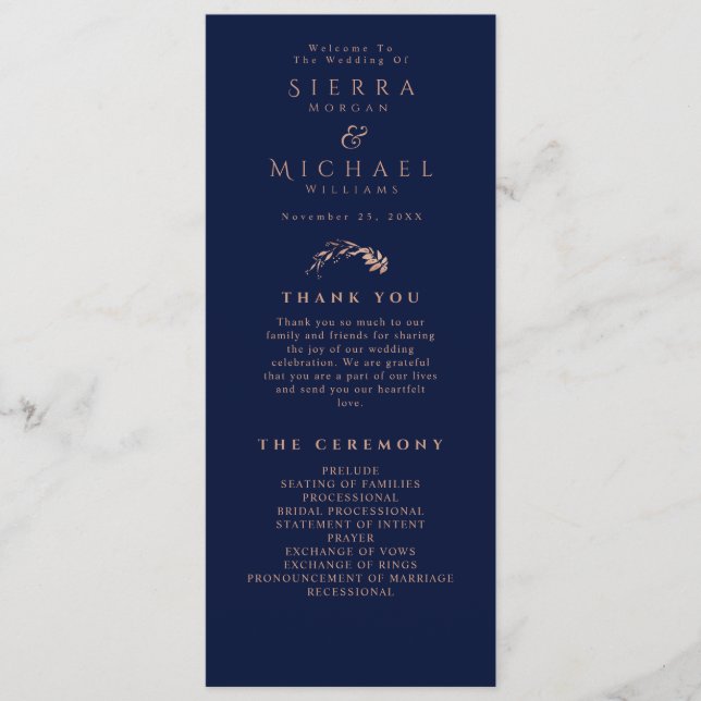 Elegant Rose Gold Foliage Navy Blue Wedding Program (Front)