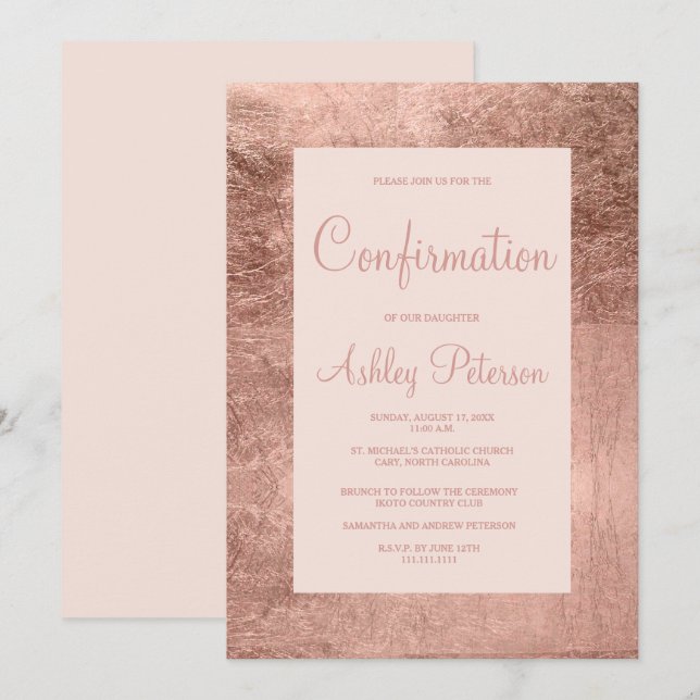 Elegant rose gold frame blush pink confirmation invitation (Front/Back)