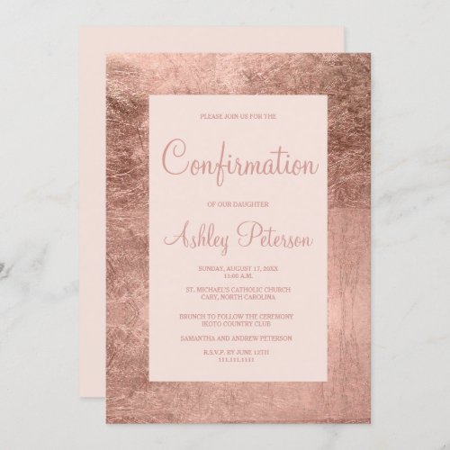 Elegant rose gold frame blush pink confirmation invitation