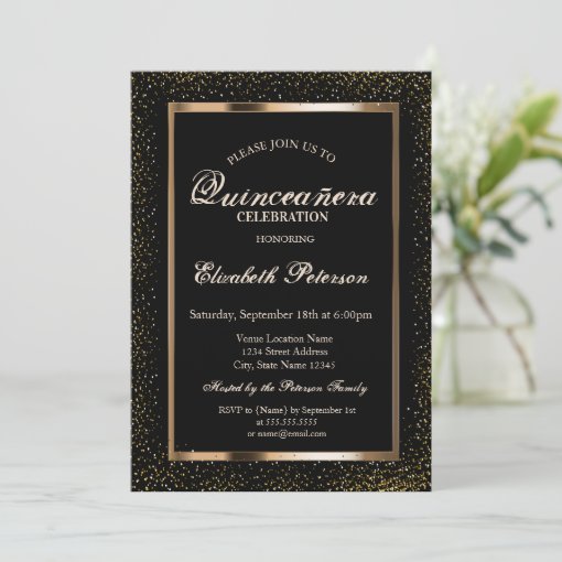 Elegant Rose Gold Frame Confetti Quinceañera Invitation | Zazzle