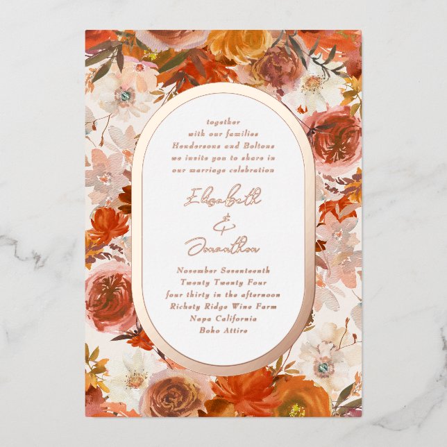 Elegant Rose Gold Frame Floral Abundance Wedding Foil Invitation (Front)