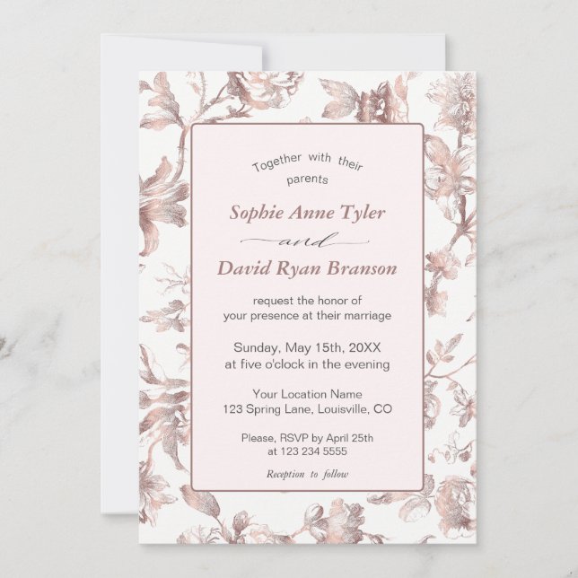 Elegant Rose Gold French Toile Floral Wedding Invitation (Front)