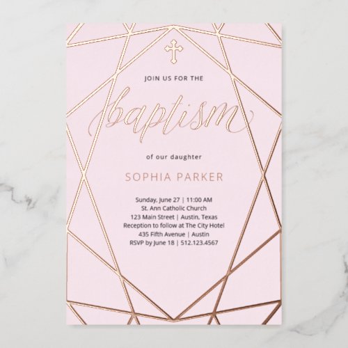 Elegant Rose Gold Geometric Blush Pink  Baptism Foil Invitation