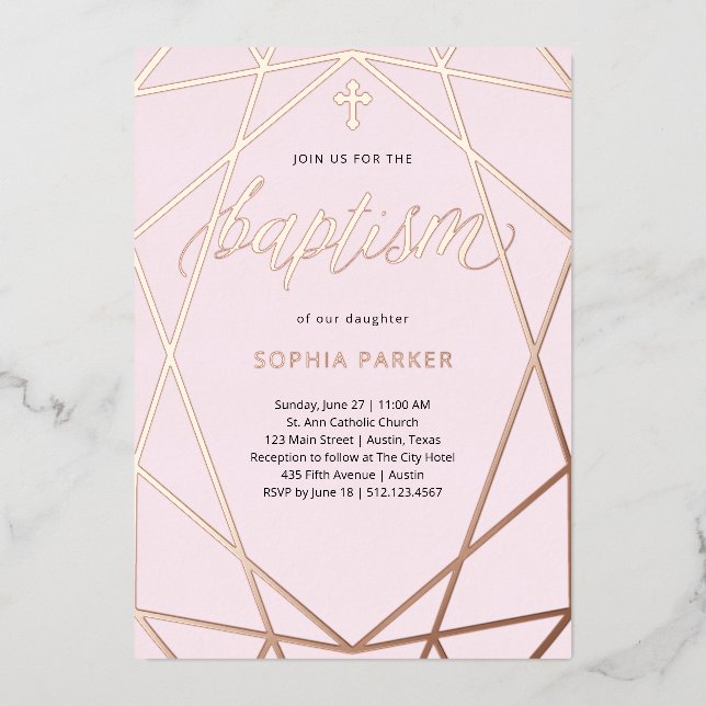 Elegant Rose Gold Geometric Blush Pink | Baptism Foil Invitation (Front)