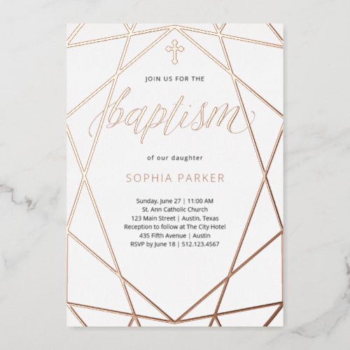 Elegant Rose Gold Geometric on White  Baptism Foil Invitation