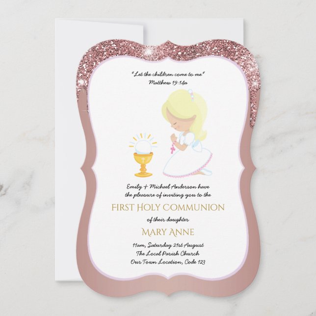 Elegant Rose Gold Girls First Holy Communion Invit Invitation (Front)