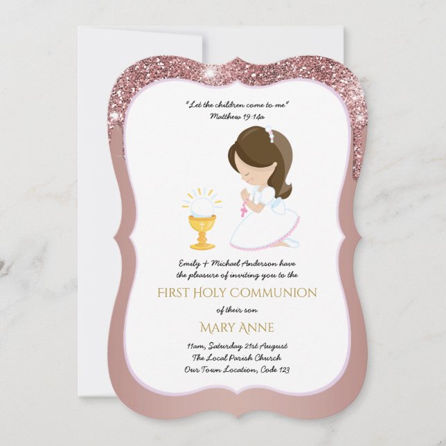 Elegant Rose Gold Girls First Holy Communion Invitation (Front)