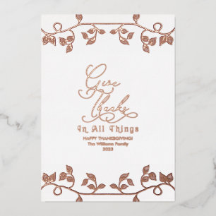 Elegant Rose Gold Give Thanks Script Family Photo Foil Holiday Card