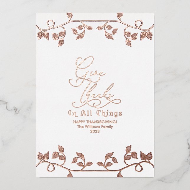 Elegant Rose Gold Give Thanks Script Family Photo Foil Holiday Card (Front)