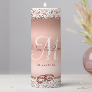 Elegant Rose Gold Glam Glitter Monogram Wedding Pillar Candle