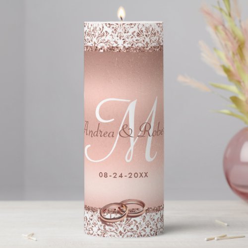 Elegant Rose Gold Glam Glitter Monogram Wedding Pillar Candle