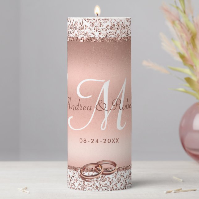 Elegant Rose Gold Glam Glitter Monogram Wedding Pillar Candle (In Situ)