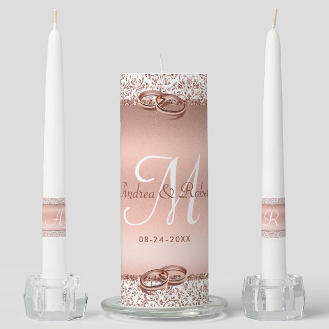 Elegant Rose Gold Glam Glitter Monogram Wedding Unity Candle Set (Front)