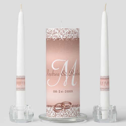 Elegant Rose Gold Glam Glitter Monogram Wedding Unity Candle Set