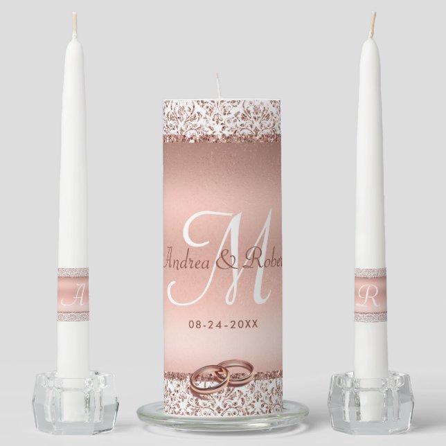 Elegant Rose Gold Glam Glitter Monogram Wedding Unity Candle Set (Front)