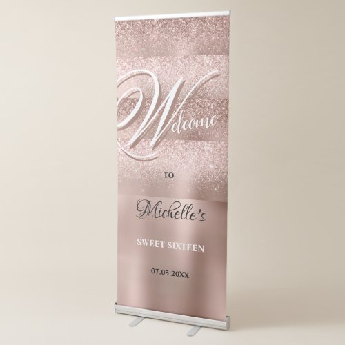 Elegant Rose Gold Glitter 16th Birthday Welcome Retractable Banner