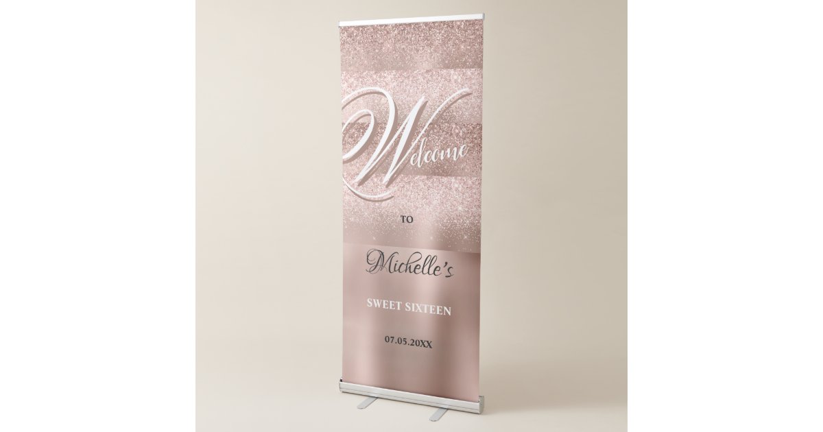 Elegant Rose Gold Glitter 16th Birthday Welcome Retractable Banner | Zazzle