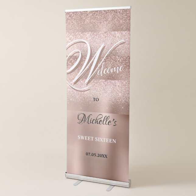 Elegant Rose Gold Glitter 16th Birthday Welcome Retractable Banner (3/4)