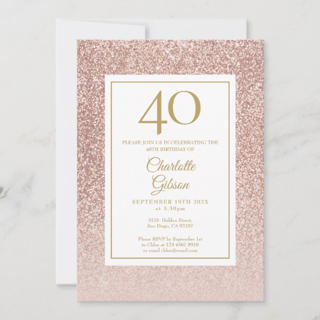 Elegant Rose Gold Glitter 40th Birthday Invitation (Front)
