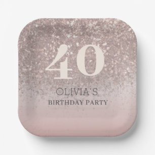 Elegant Rose Gold Glitter 40th Birthday Paper Plates