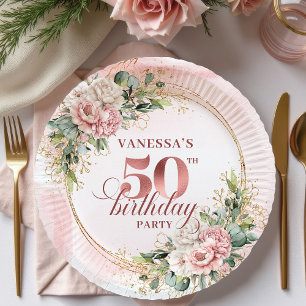 Elegant Rose Gold Glitter 50th Birthday Floral   Paper Plates