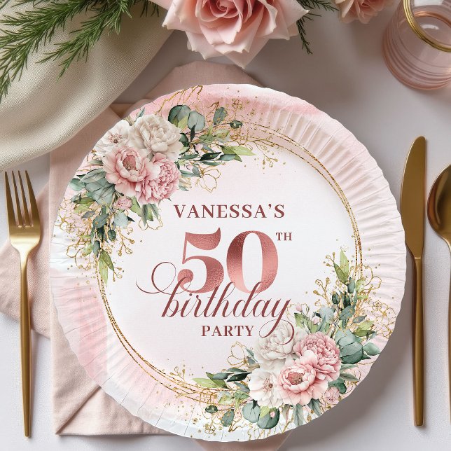 Elegant Rose Gold Glitter 50th Birthday Floral   Paper Plates (Elegant Rose Gold Glitter 50th Birthday Floral Party Paper Plates

)