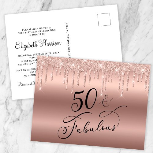 Elegant Rose Gold Glitter 50th Birthday Party Invitation Postcard