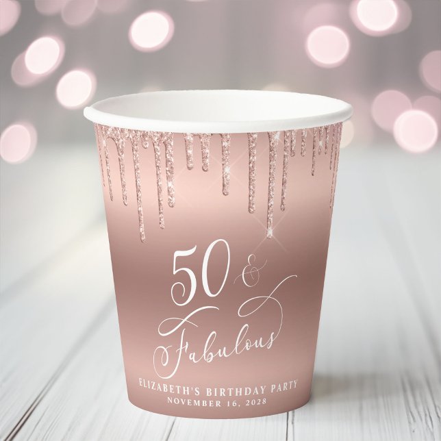 Elegant Rose Gold Glitter 50th Birthday Party Paper Cups (Creator Uploaded)