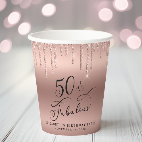 Elegant Rose Gold Glitter 50th Birthday Party Paper Cups